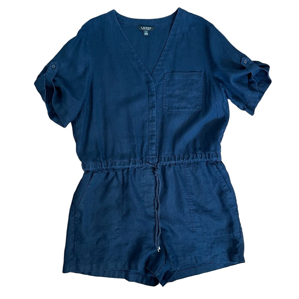Lauren Ralph Lauren Women 100% Linen Romper 16 Short Sleeve Coastal Nautical